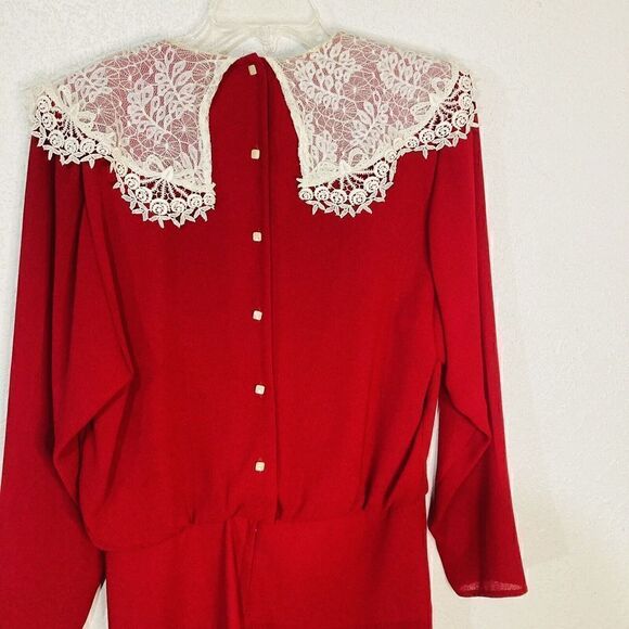 Vtg 80's‎ Nilani Red Applique Lace Pleated Tea Dress Pearls Fancy Party sz 11/12 - Picture 12 of 16